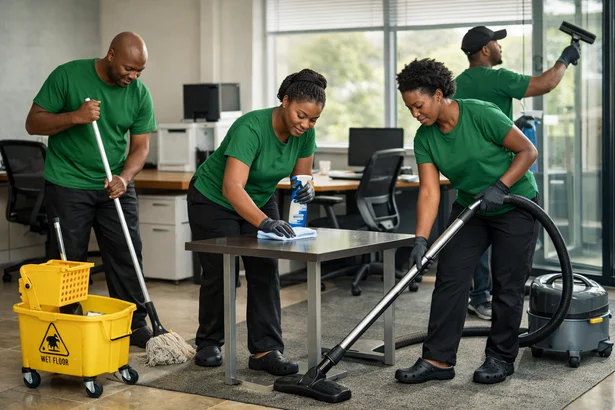 Professional Greenshield team cleaning a modern office space